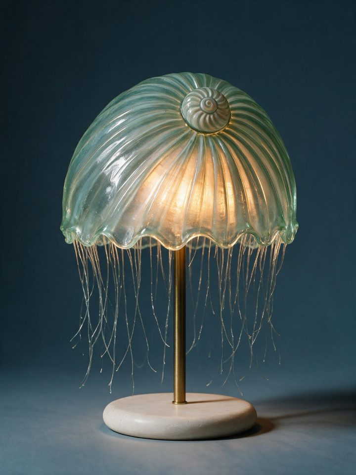 Point at one picture and name the other. The ceramic shell and the jellyfish become one glass lamp.